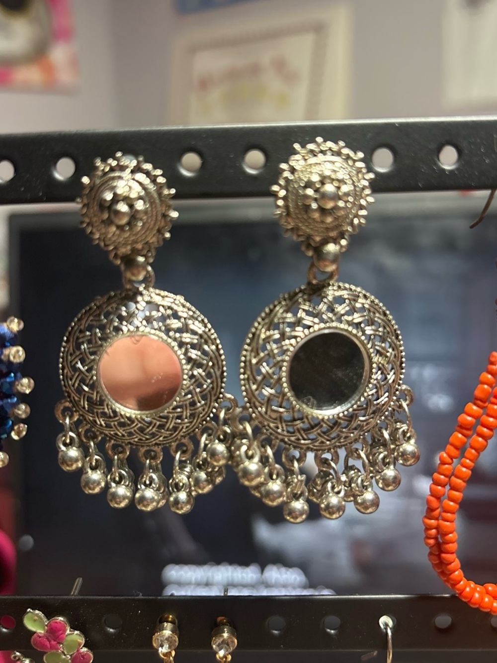 Ornate Silver-Tone Mirror Drop Earrings with Bead Fringe